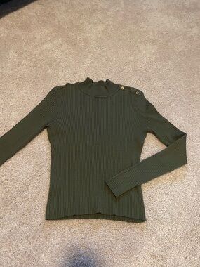 Ribbed Long Sleeve Mock Neck Top in Olive Green with Gold Shoulder Buttons